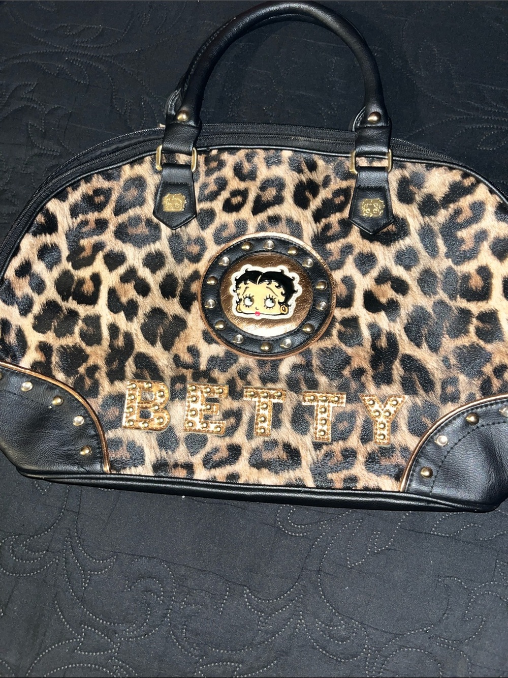 Betty Boop Leopard-Print Tote with Black Trim and Gold Accents